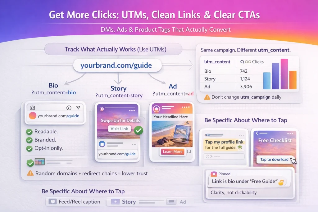 Get more clicks (UTMs, short links, CTAs) — and avoid third-party ‘caption link’ scams