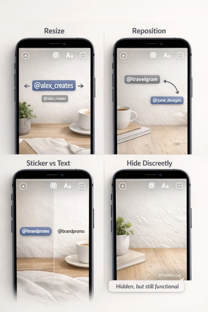 How to customize the mention (size, placement, hiding it, sticker vs text)