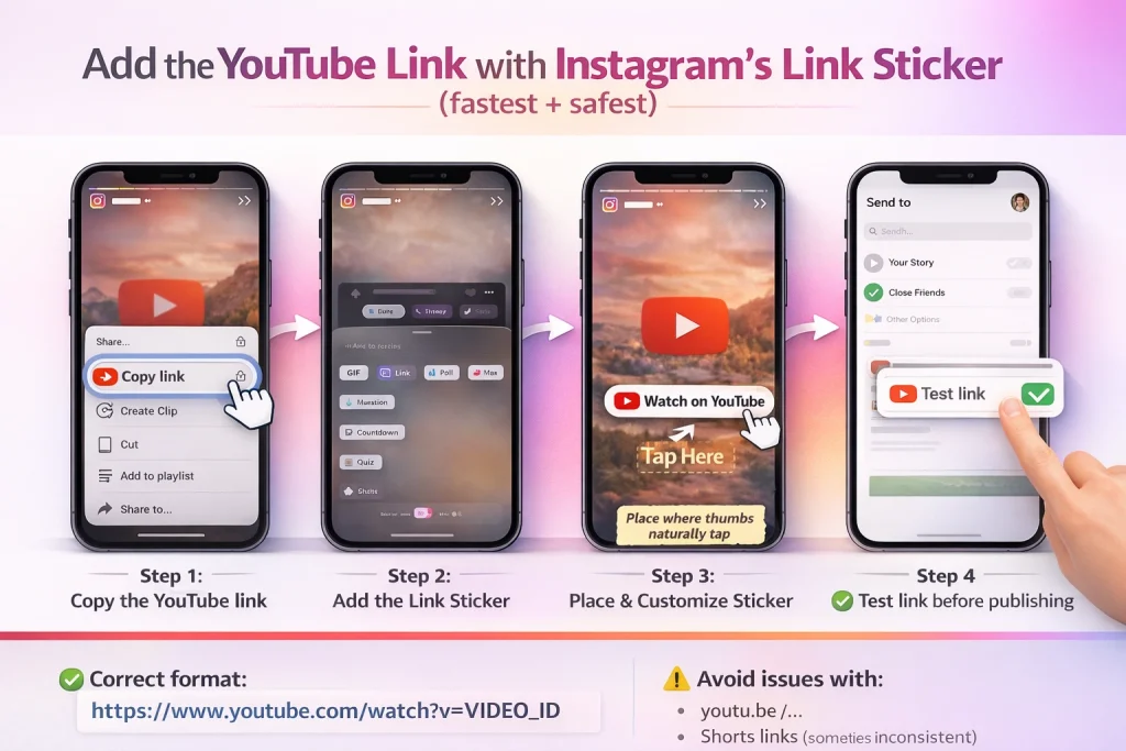 Method 1 Add the YouTube link with Instagram’s Link Sticker (fastest + safest)