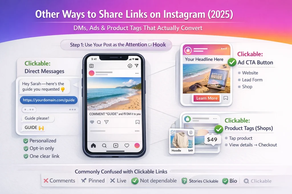 Other ways to share links from Instagram DMs, ads, and product tags