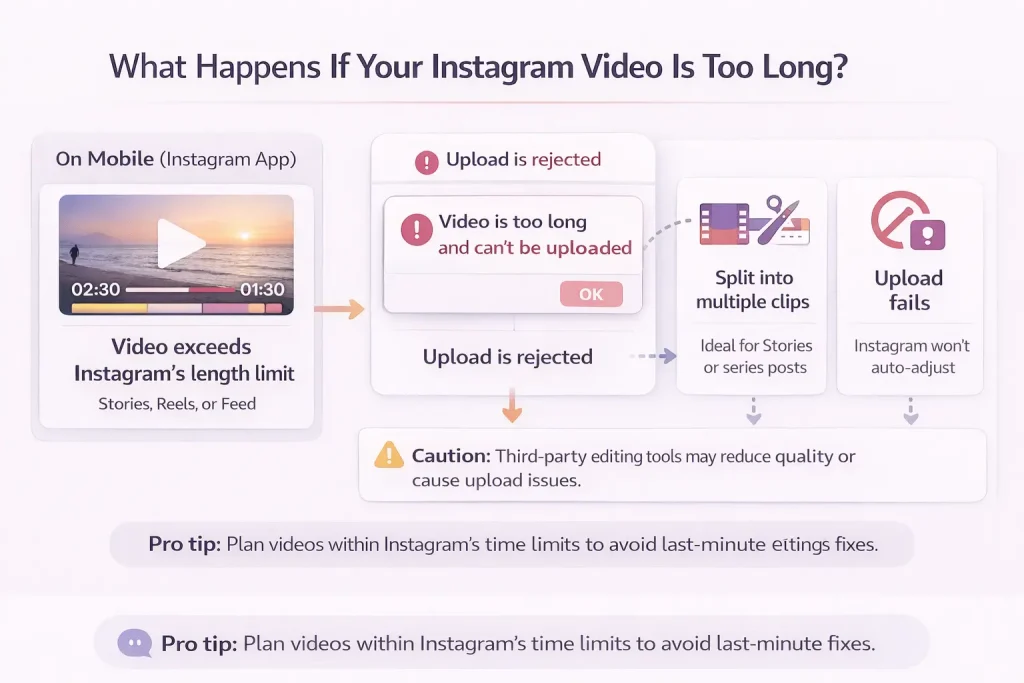 What happens if your video is too long (trim, split, or fail)