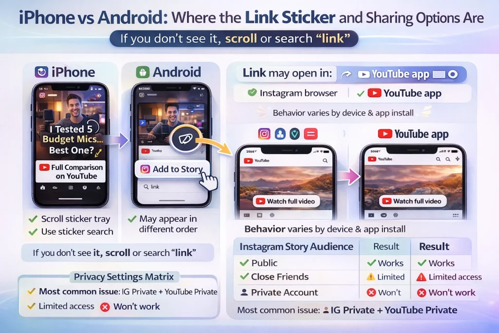 iPhone vs Android where the Link Sticker and sharing options are (plus privacy settings)